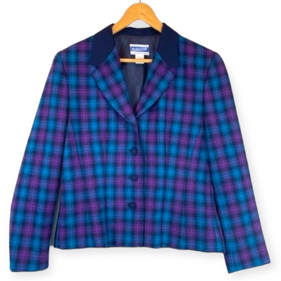 Pendleton Jackets & Blazers - Vintage Pendleton Plaid Wool Blazer Navy Blue Purple Women’s Size 8